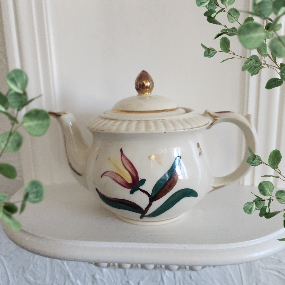 Vintage SHAWNEE POTTERY Hand Painted Ceramic Teapot Floral Motif USA 4.5" tall